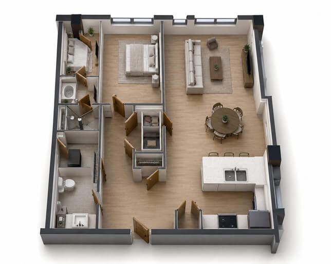 Plan du dessus d'un condo avec une chambre, cuisine, salle à manger, salon à aire ouverte et salle de bain